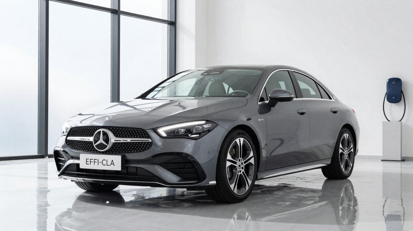 Carro Mercedes-Benz cinza estacionado em ambiente interno moderno com parede branca e piso refletivo.
