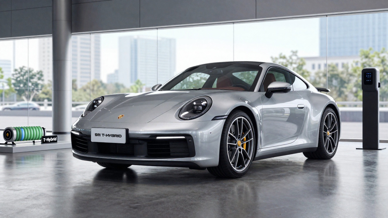 Carro esportivo Porsche 911 T-Hybrid prata estacionado em showroom moderno com parede de vidro.