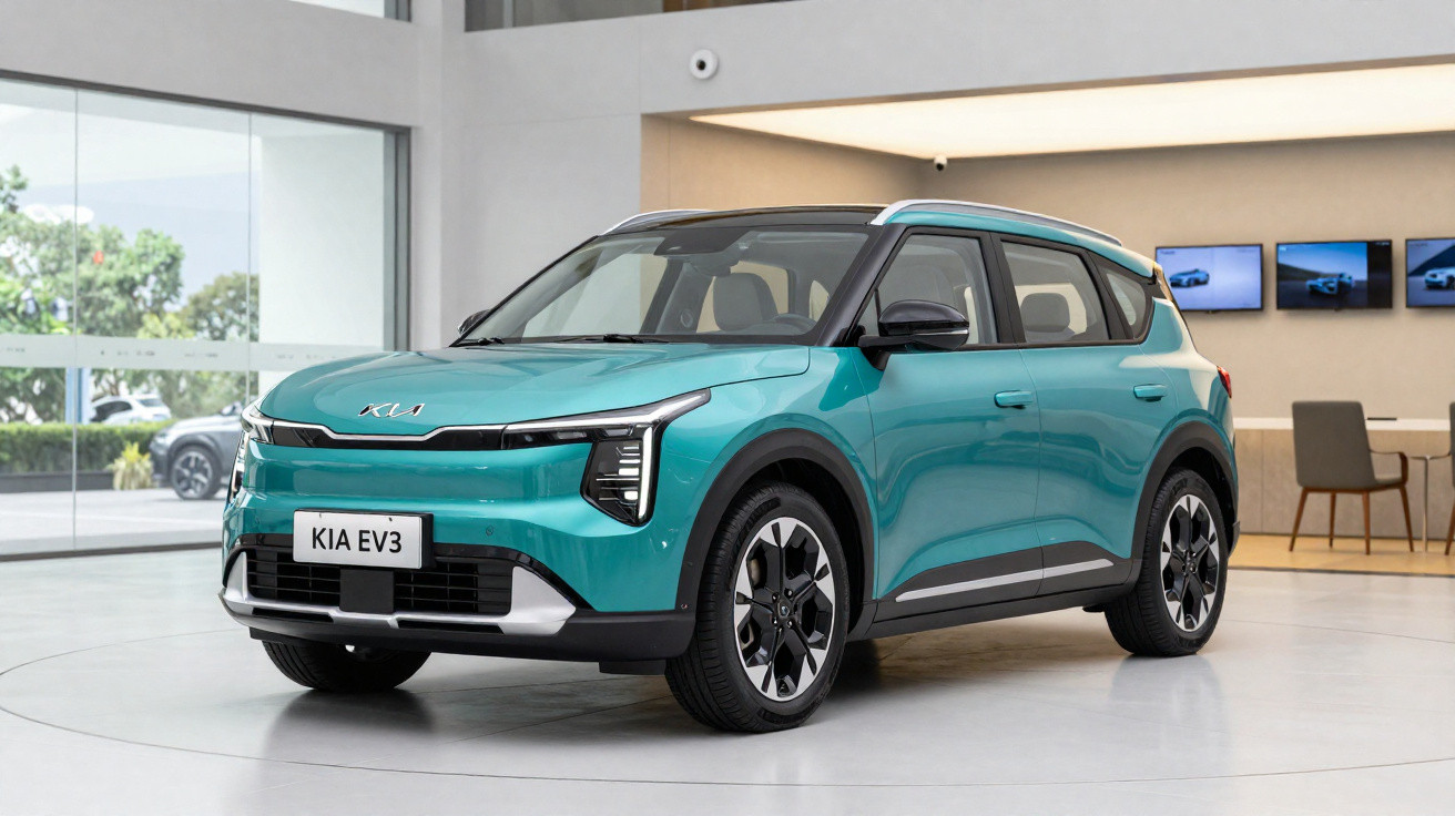 Carro elétrico SUV Kia EV3 azul em showroom moderno com paredes de vidro e móveis minimalistas.