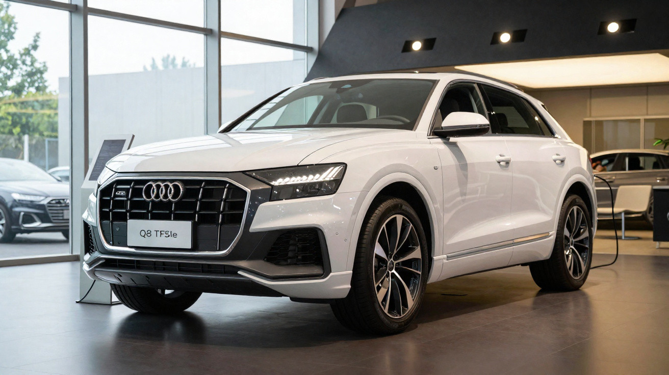 Audi Q8 TFSIe branco estacionado em showroom moderno com luz natural entrando pelas janelas grandes.