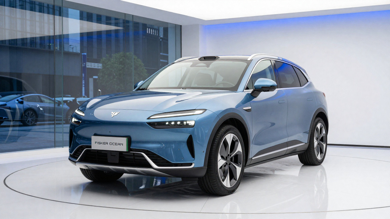 SUV elétrico Fisker Ocean azul exibido em ambiente interno moderno, vista frontal lateral direita.