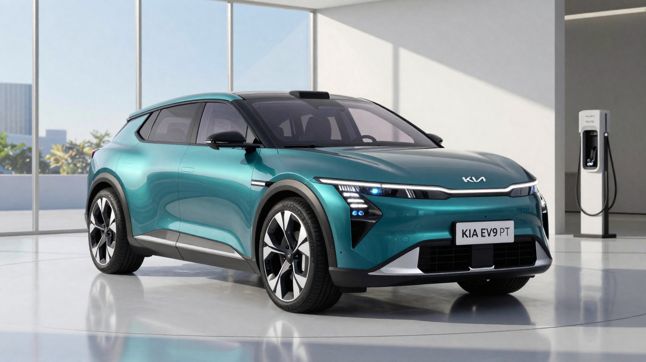 Carro elétrico Kia EV9 verde em showroom moderno com carregador ao fundo.