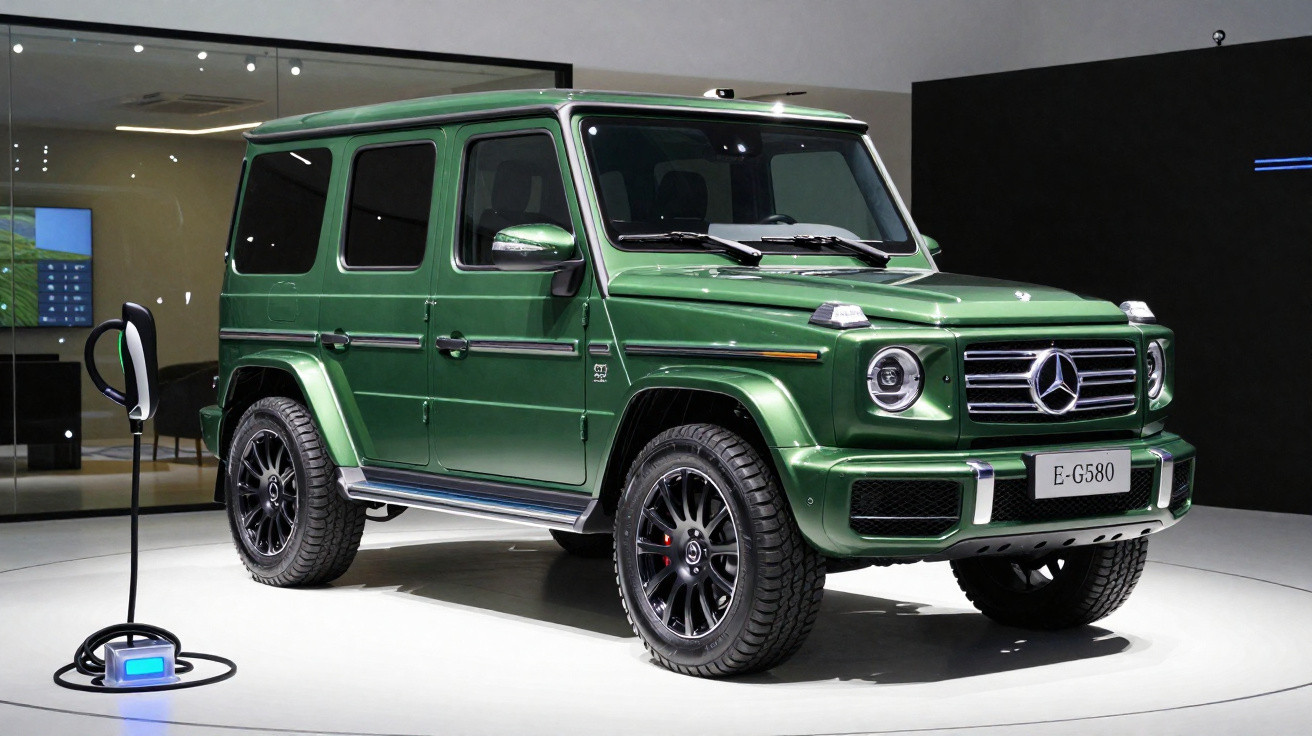 SUV Mercedes-Benz G580 verde estacionado em exposição com carregador elétrico ao lado.