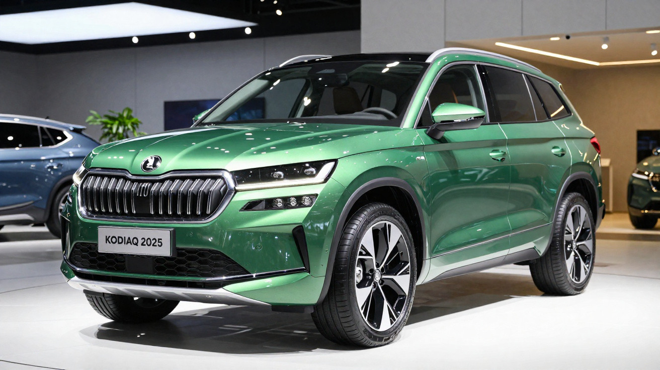 SUV verde metálico Škoda Kodiaq 2025 exposto em salão automotivo moderno.