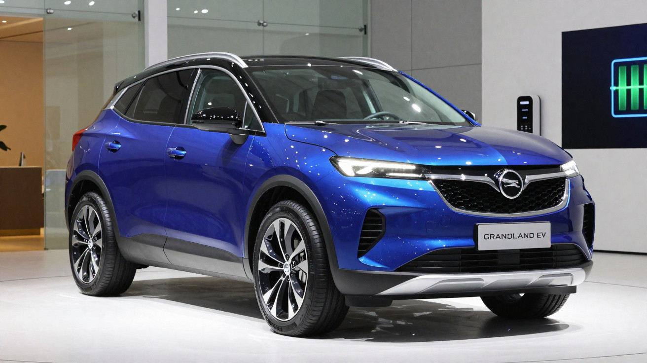 SUV elétrico Opel Grandland EV azul exibido em showroom moderno com iluminação branca.