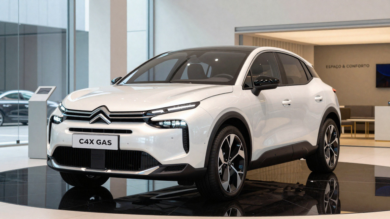 Carro branco Citroën C4X Gas exibido em showroom moderno com piso preto e detalhes em vidro.