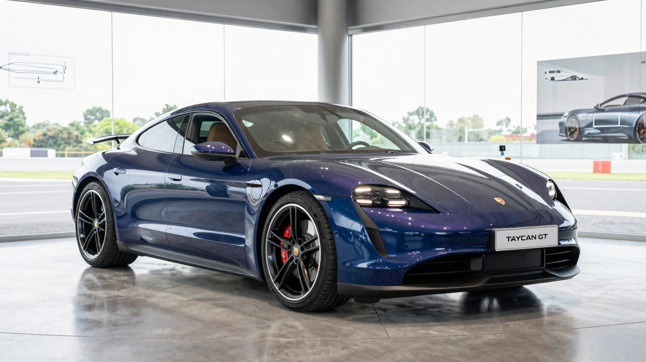 Carro esportivo Porsche Taycan GT azul em exposição em showroom moderno com piso cinza.