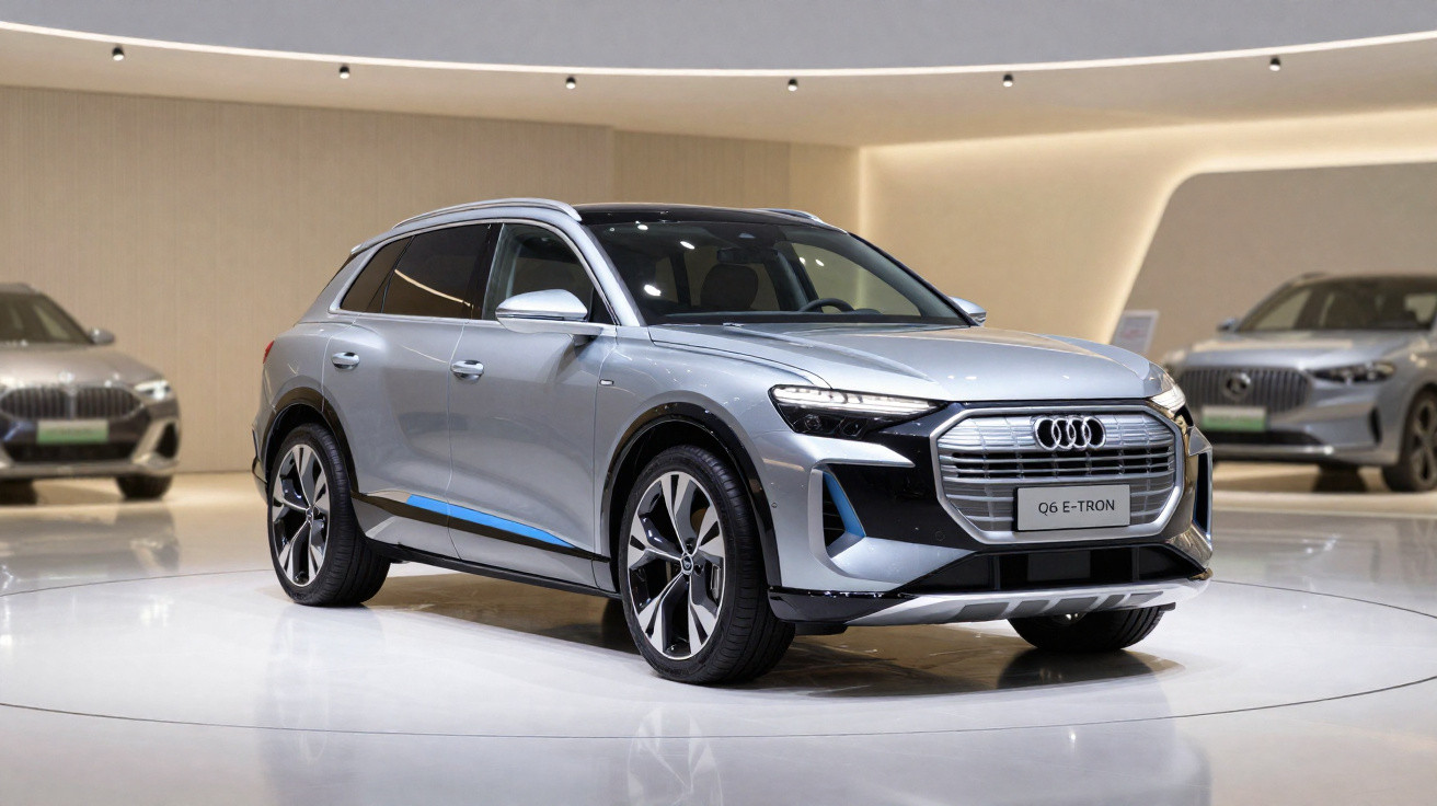 Audi Q6 E-Tron prata exibido em showroom moderno com iluminação suave e carro ao fundo desfocado.