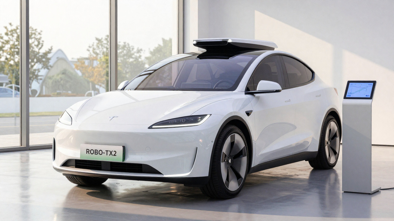 Carro elétrico branco modelo ROBO-TX2 exposto em ambiente interno com luz natural.