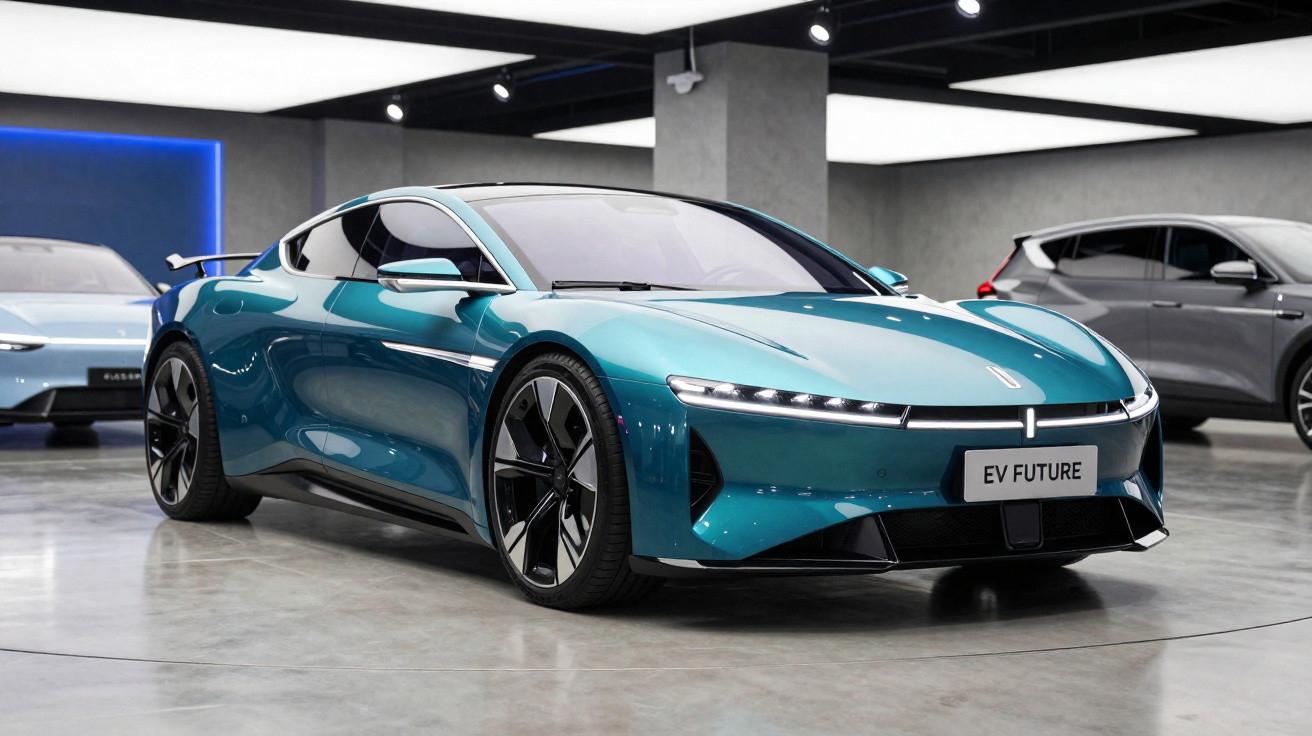 Carro elétrico esportivo azul turquesa exibido em showroom moderno com luzes de teto retangulares.