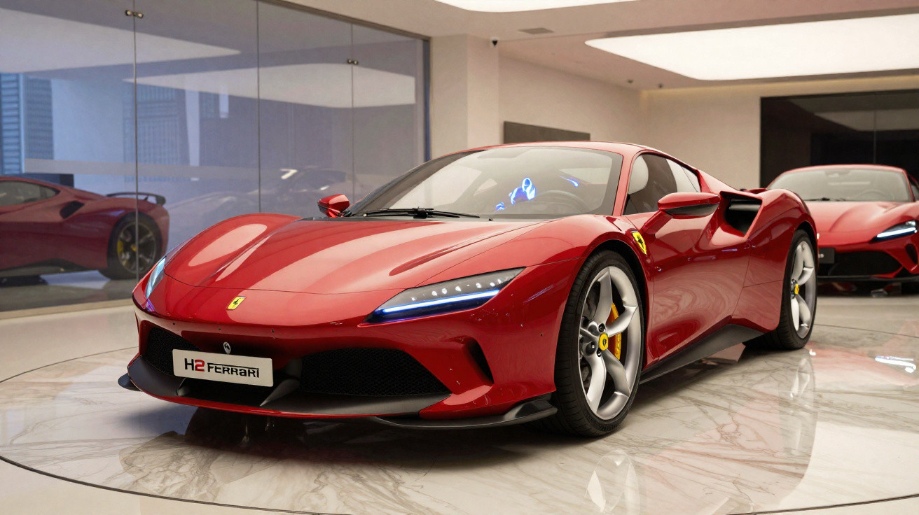 Carro esportivo Ferrari vermelho exibido em showroom moderno com piso de mármore.