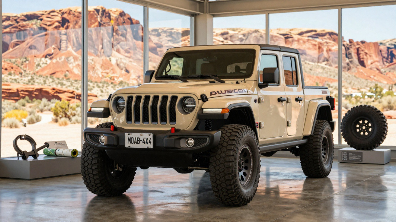 Jeep gladiator moab 4x4 bege exibido em showroom com grandes janelas e paisagem desértica ao fundo.
