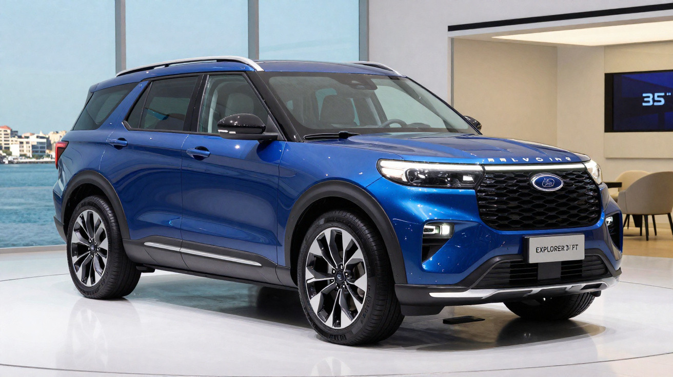 SUV azul Ford Explorer 2023 em exposição, com design moderno e rodas grandes, em ambiente interno iluminado.