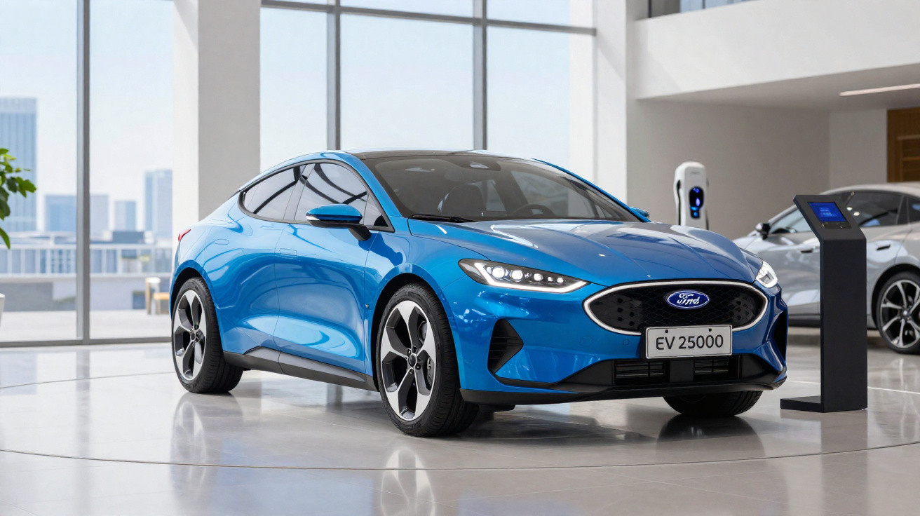 Carro elétrico azul Ford EV 25000 exposto em showroom moderno com iluminação natural.