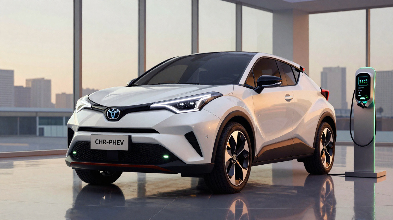 Carro elétrico branco Toyota CHR-PHEV conectado em um carregador em ambiente interno moderno.