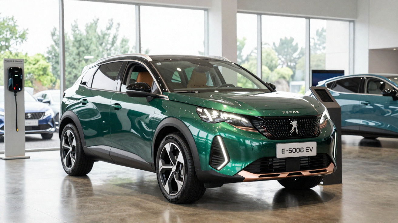 Carro elétrico Peugeot E-5008 EV verde em exposição dentro de showroom moderno e iluminado.