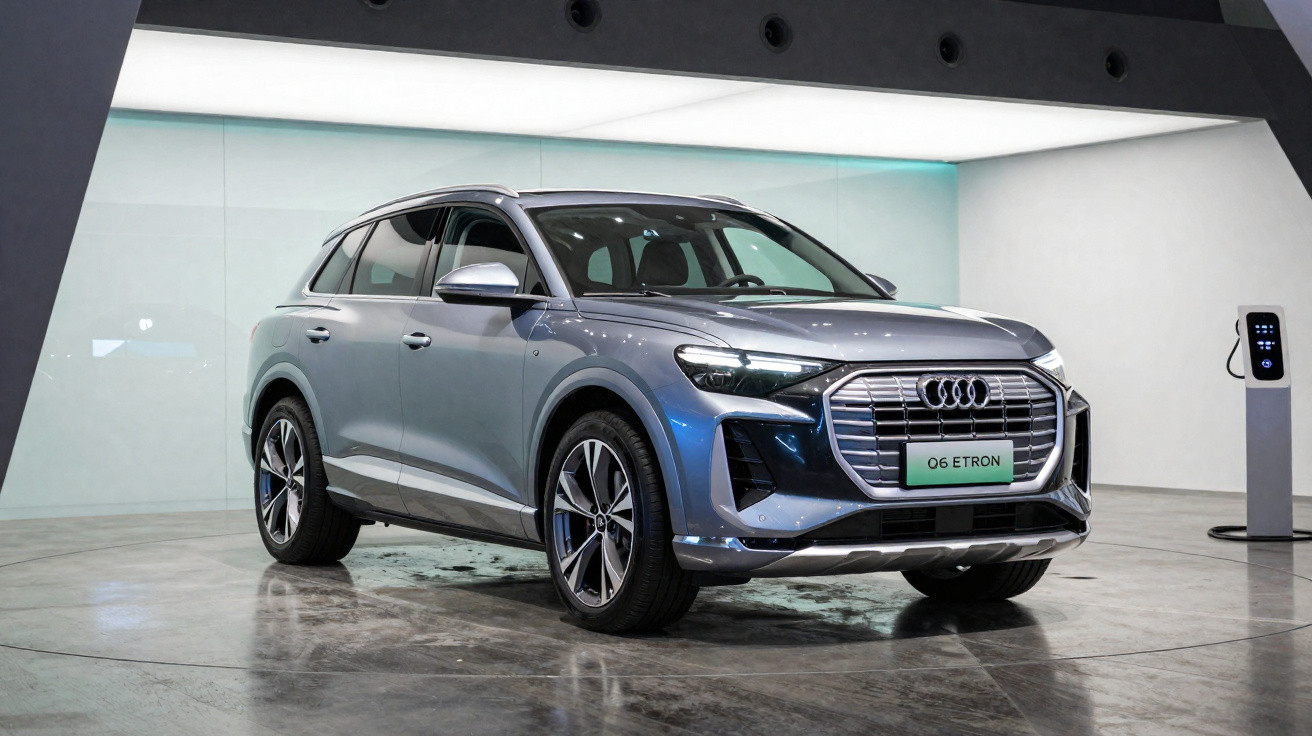 Audi Q6 E-Tron cinza estacionado em ambiente interno com carregador de carro elétrico ao fundo.