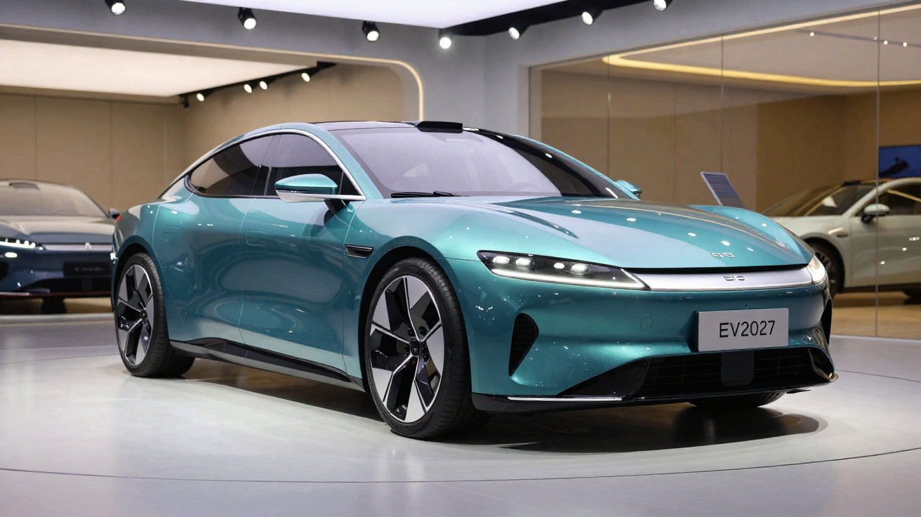 Carro elétrico esportivo verde azul em exposição, com design moderno e aerodinâmico.