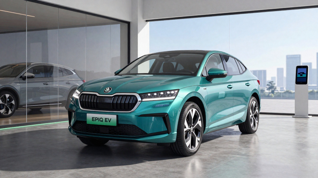 Carro elétrico Skoda Epiq EV verde metálico em exposição em ambiente moderno e iluminado.