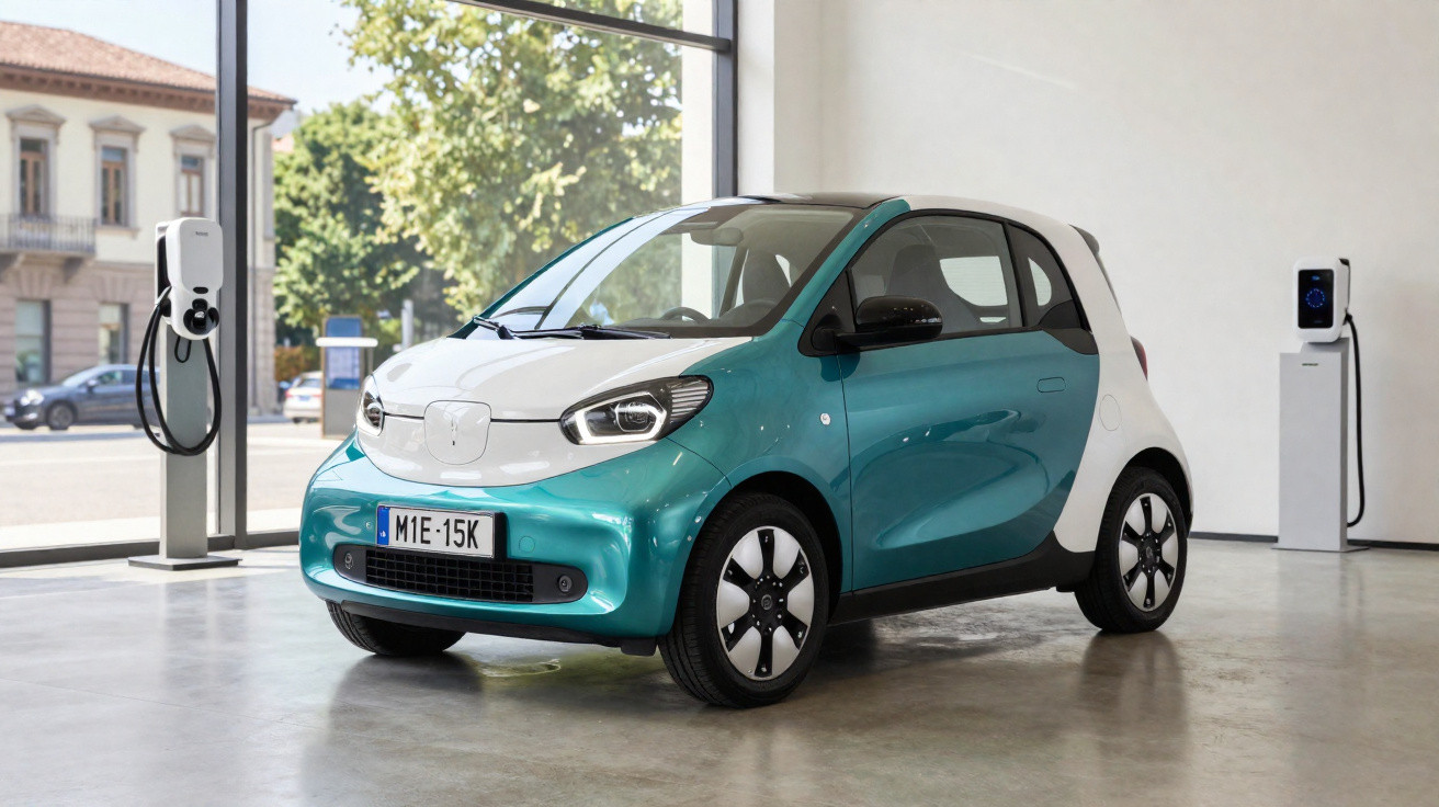 Carro elétrico compacto azul e branco estacionado em ambiente interno com estações de carregamento ao fundo.