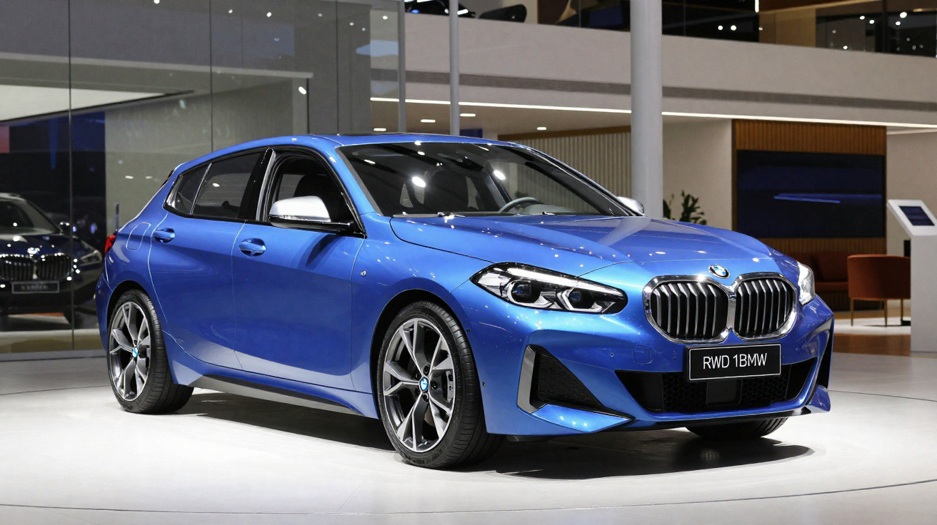 Carro hatchback azul metalizado BMW exposto em salão moderno com acabamento brilhante e rodas esportivas.
