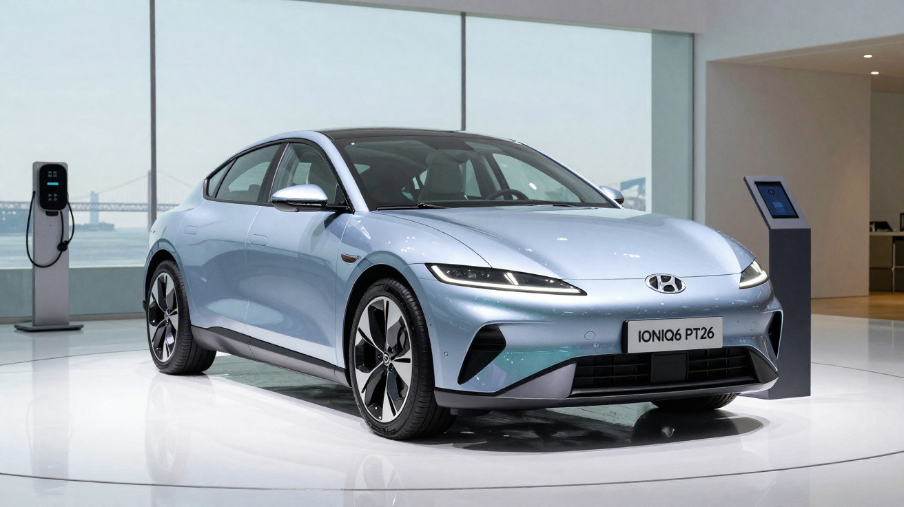 Carro elétrico Hyundai Ioniq 6 prata exibido em salão com estação de recarga ao fundo.