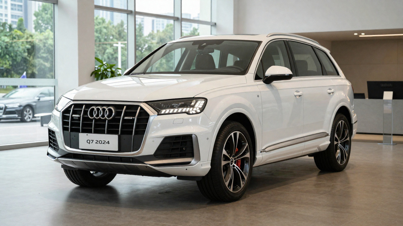 Audi Q7 2024 branco estacionado em showroom com vidraças ao fundo.