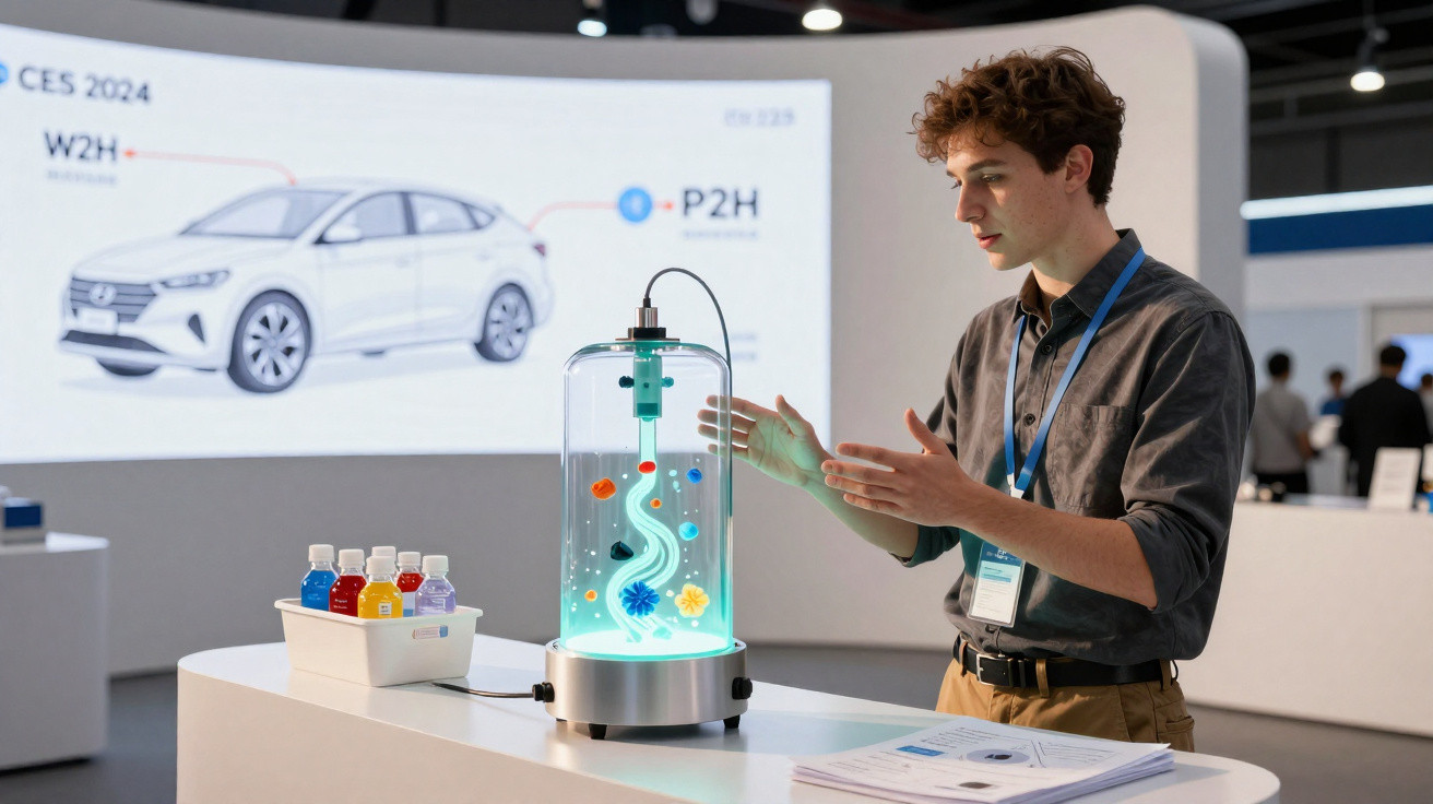 Homem apresentando experimento científico com recipiente iluminado em feira tecnológica.