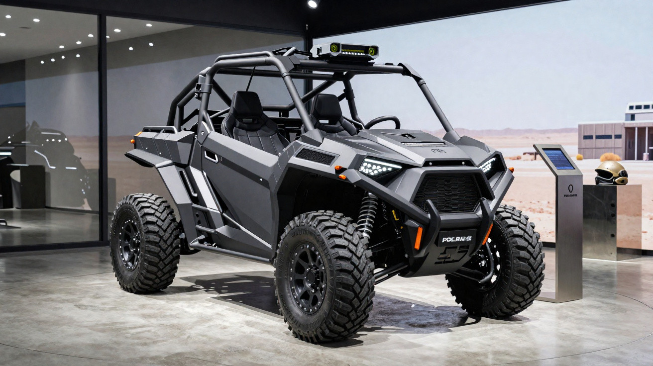 Veículo off-road Polaris RZR cinza escuro exposto em ambiente interno moderno.
