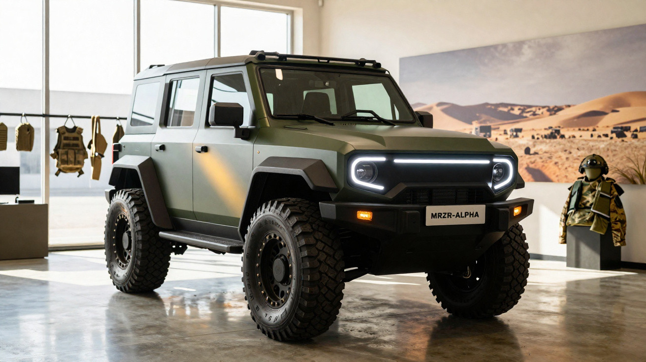 Veículo utilitário robusto verde militar MRZR-ALPHA em ambiente interno com acessórios táticos ao fundo.