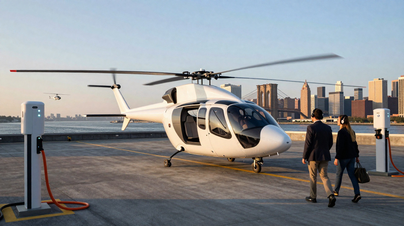 Helicóptero branco elétrico estacionado em heliponto com duas pessoas caminhando e cidade ao fundo.