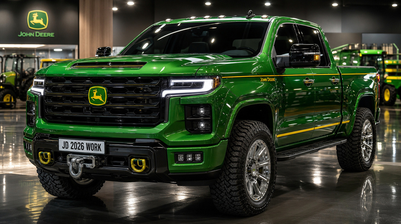 Picape verde John Deere JD 2026 Work com pneus robustos em showroom iluminado.