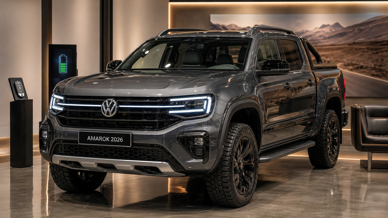 Picape Volkswagen Amarok 2026 cinza em showroom com iluminação moderna e quadro decorativo na parede.