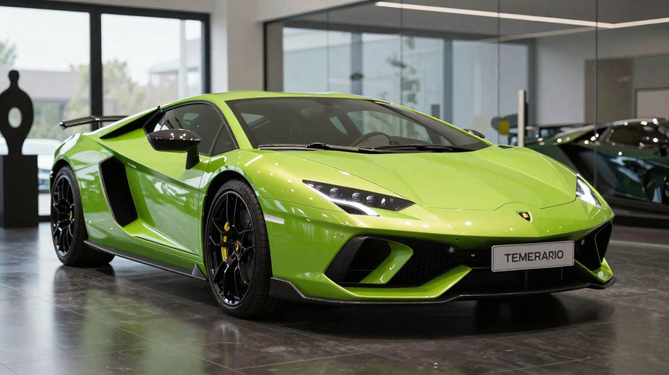 Carro esportivo Lamborghini verde limão estacionado em salão moderno com piso refletivo.