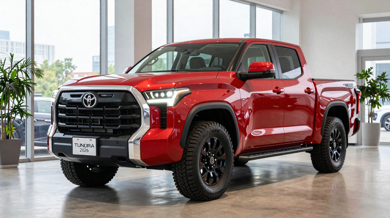 Picape Toyota Tundra 2026 vermelha em showroom moderno com piso de concreto e vasos de plantas.