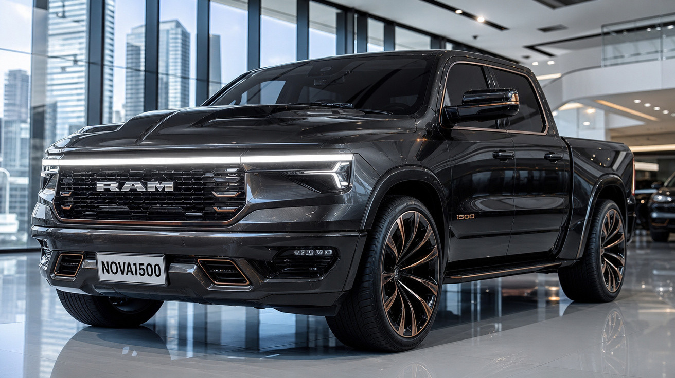 Picape preta RAM 1500 Nova em showroom moderno com rodas esportivas e detalhes cromados.