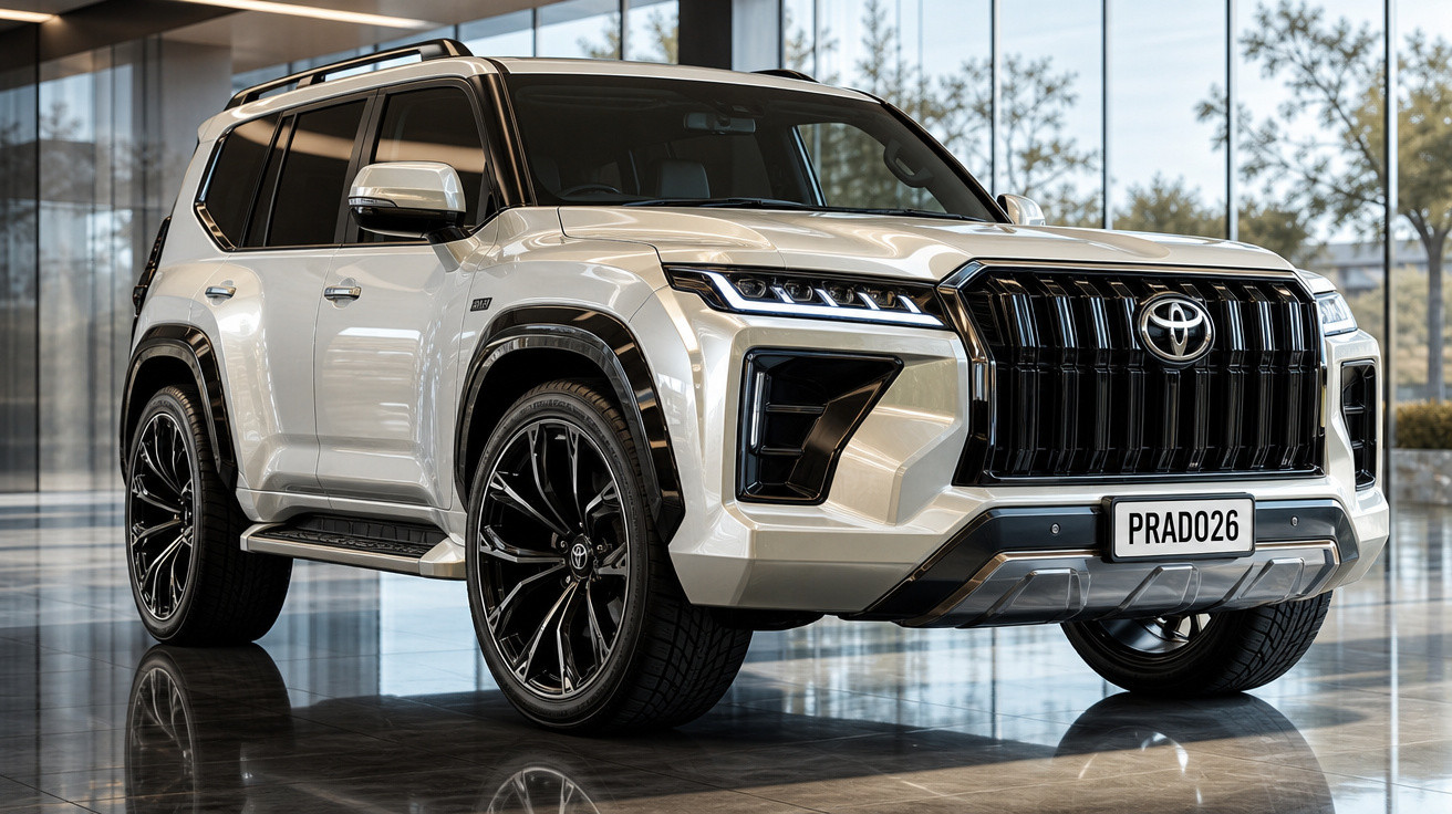 SUV Toyota Prado branco com rodas pretas em showroom moderno com grandes janelas e piso espelhado.