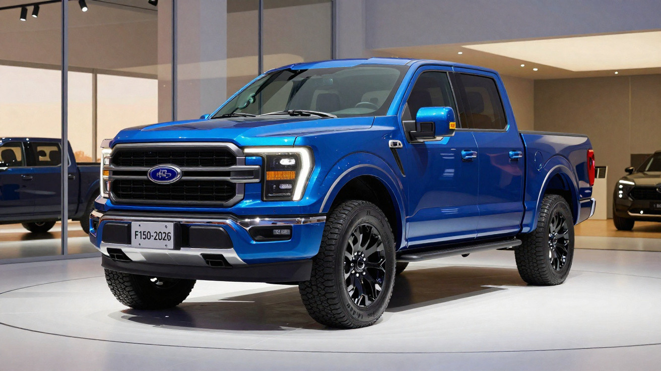 Picape azul Ford F-150 2026 exibida em salão de automóveis moderno.