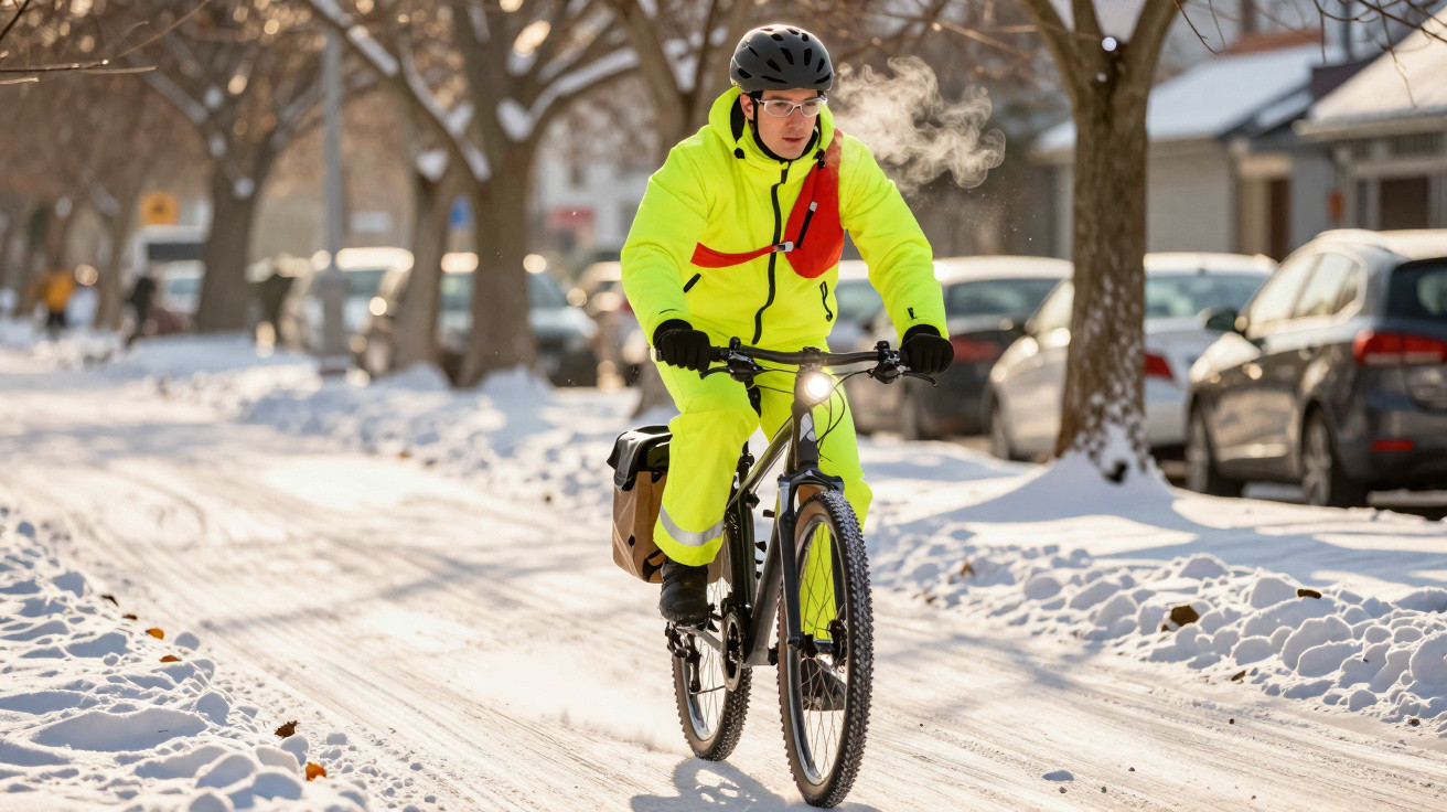 Homem de roupa amarela fluorescente pedalando bicicleta em rua coberta de neve.
