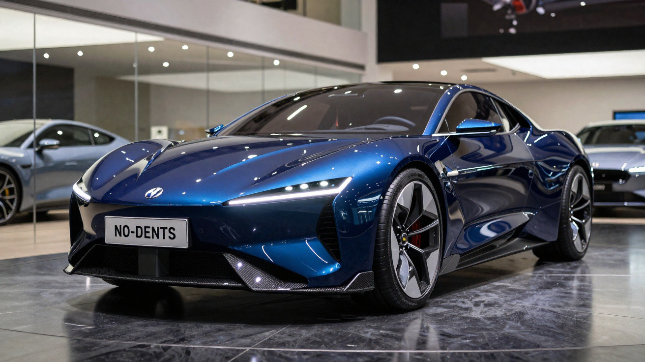 Carro esportivo azul metálico com design aerodinâmico exposto em showroom moderno.