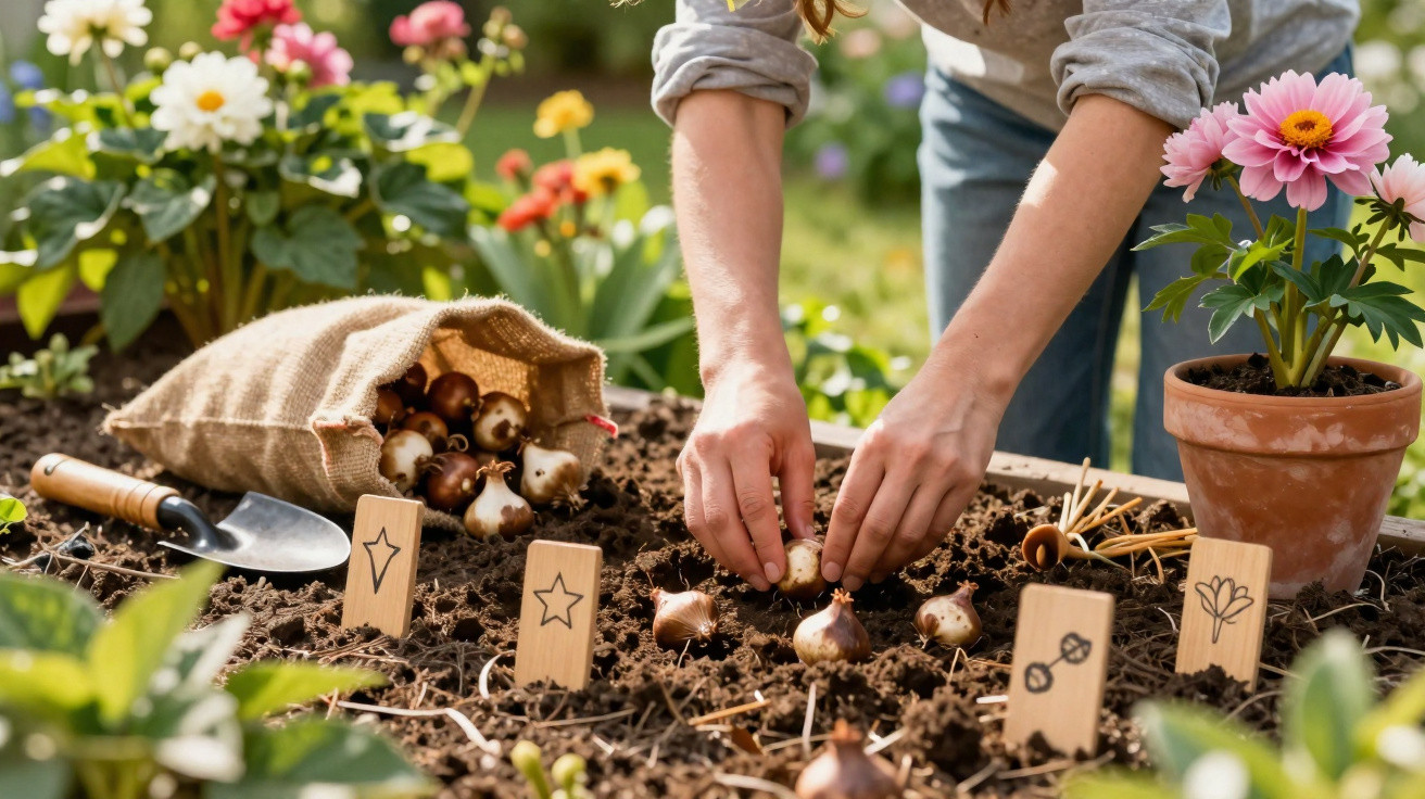 Pessoa plantando bulbos de flores em jardim com placas de madeira e flores ao redor.