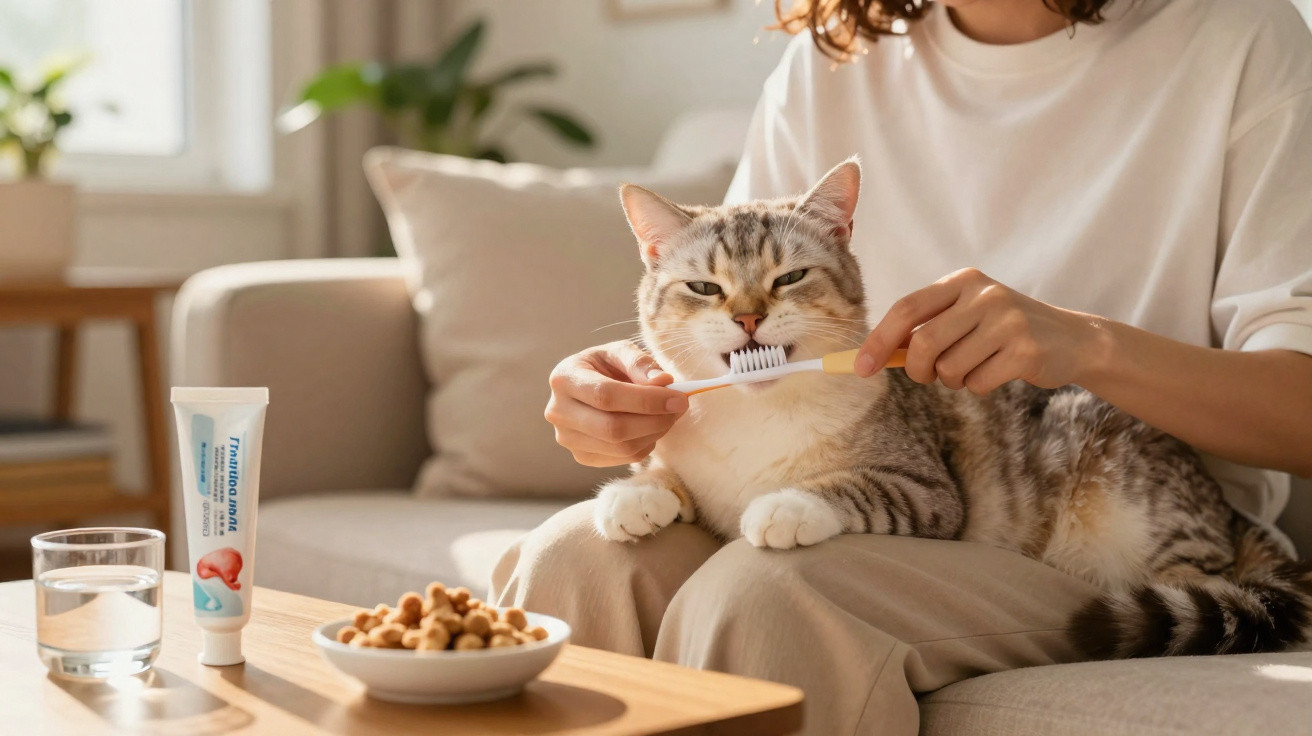 Pessoa escovando os dentes de um gato sentado no colo em ambiente interno com ração e creme dental.