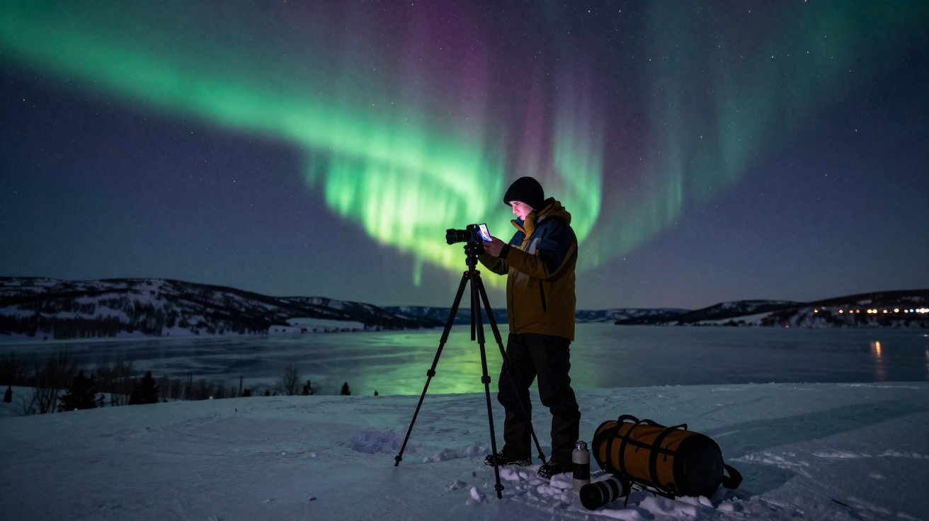 Fotógrafo ajusta câmera em tripé na neve sob aurora boreal verde em céu noturno.