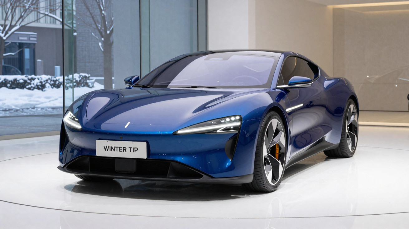 Carro esportivo elétrico azul em exposição interna com janela mostrando paisagem de inverno com neve.