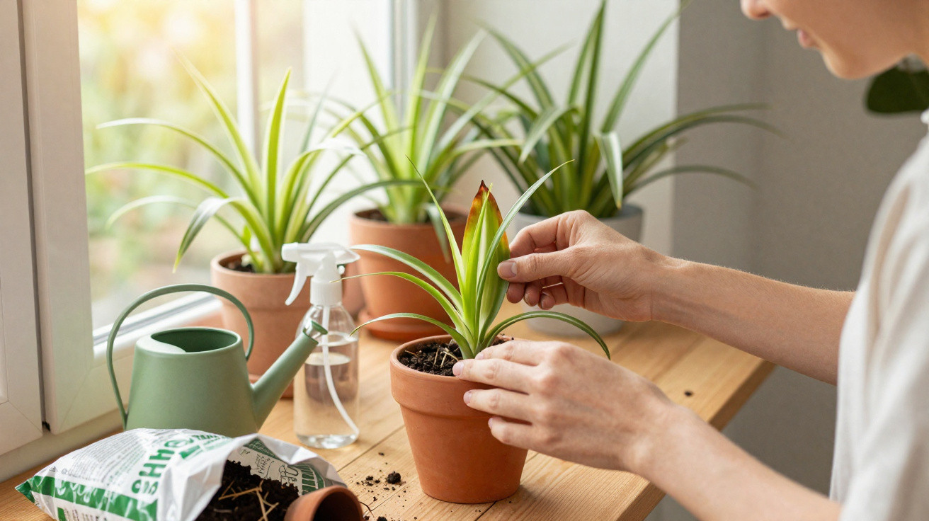 Pessoa cuidando de planta em vaso de cerâmica em mesa perto da janela com regador e pulverizador ao lado.