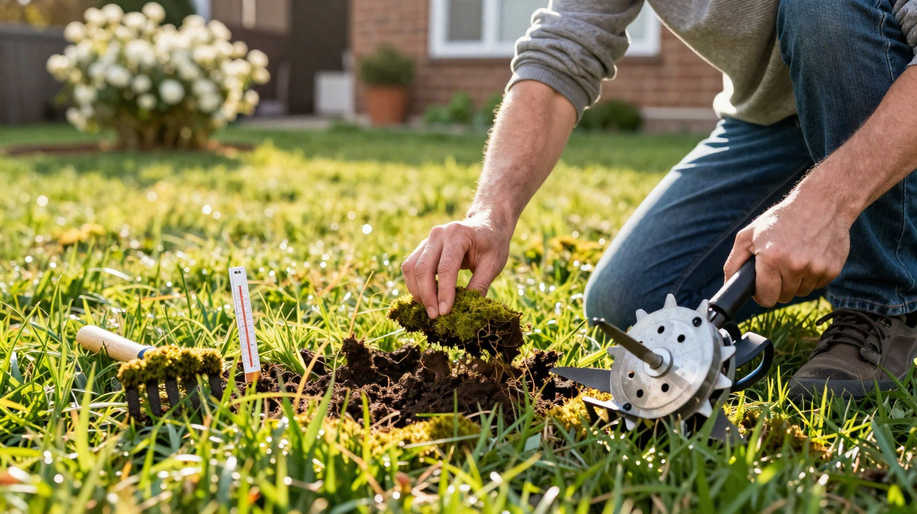 Pessoa arrancando musgo do gramado com ferramentas de jardinagem em área externa ensolarada.