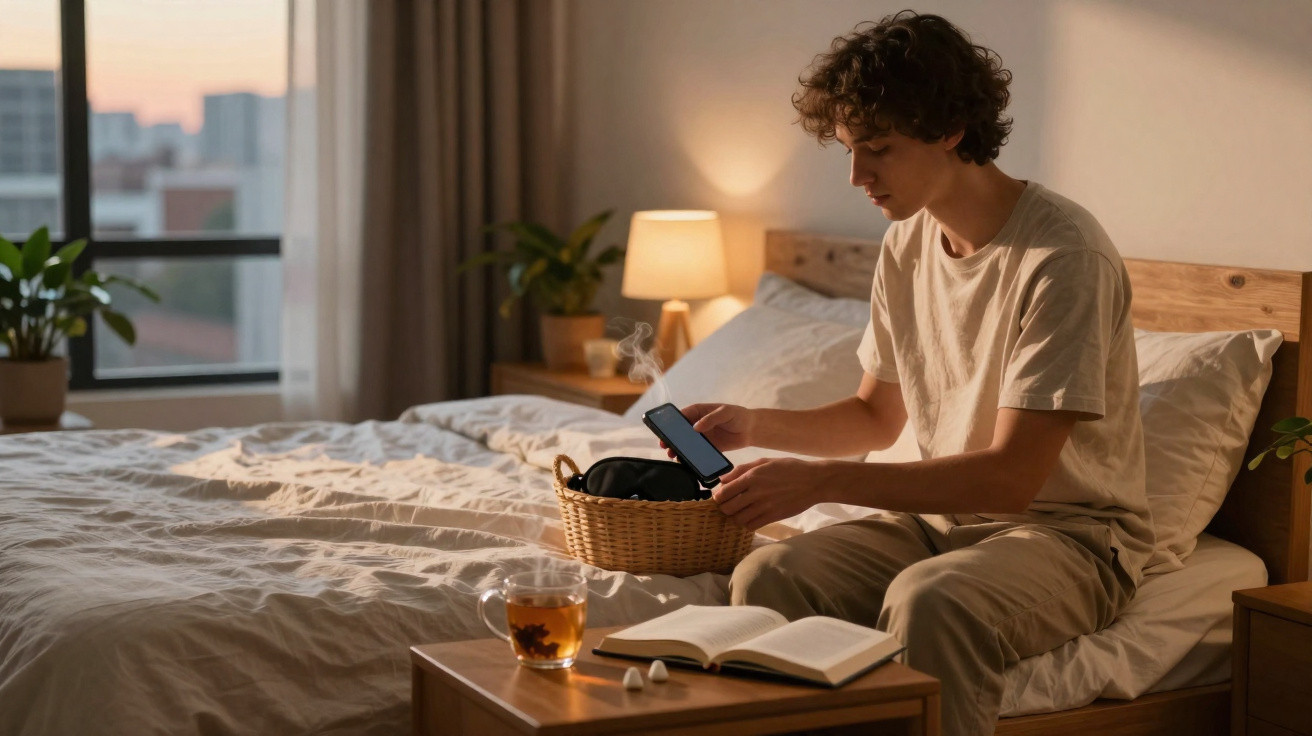 Jovem sentado na cama segurando um celular, com livro aberto e xícara de chá na mesa ao lado.