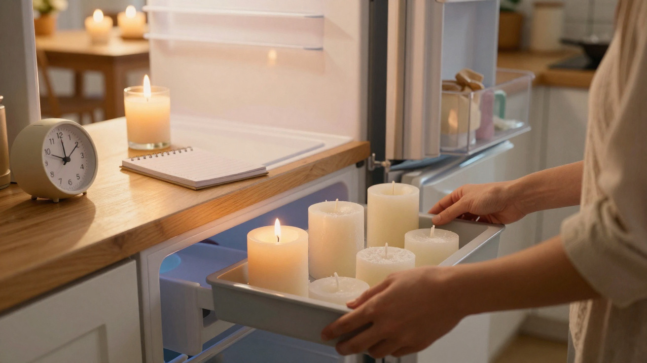 Pessoa guardando velas acesas em uma gaveta de cozinha à noite.