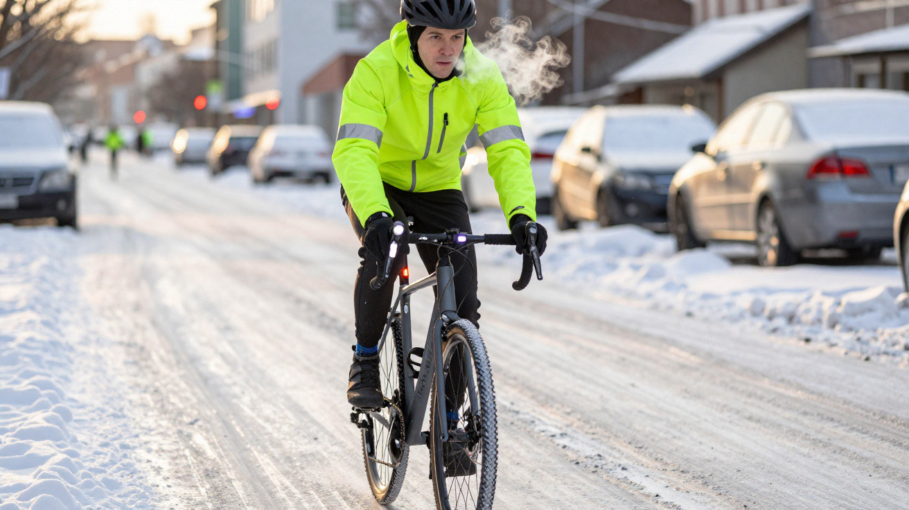 Homem de jaqueta neon andando de bicicleta em rua coberta de neve com carros estacionados ao lado.