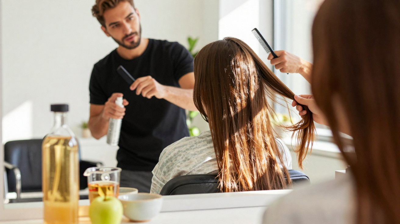 Cabeleireiro aplicando spray no cabelo de cliente em salão com espelho e objetos na bancada.